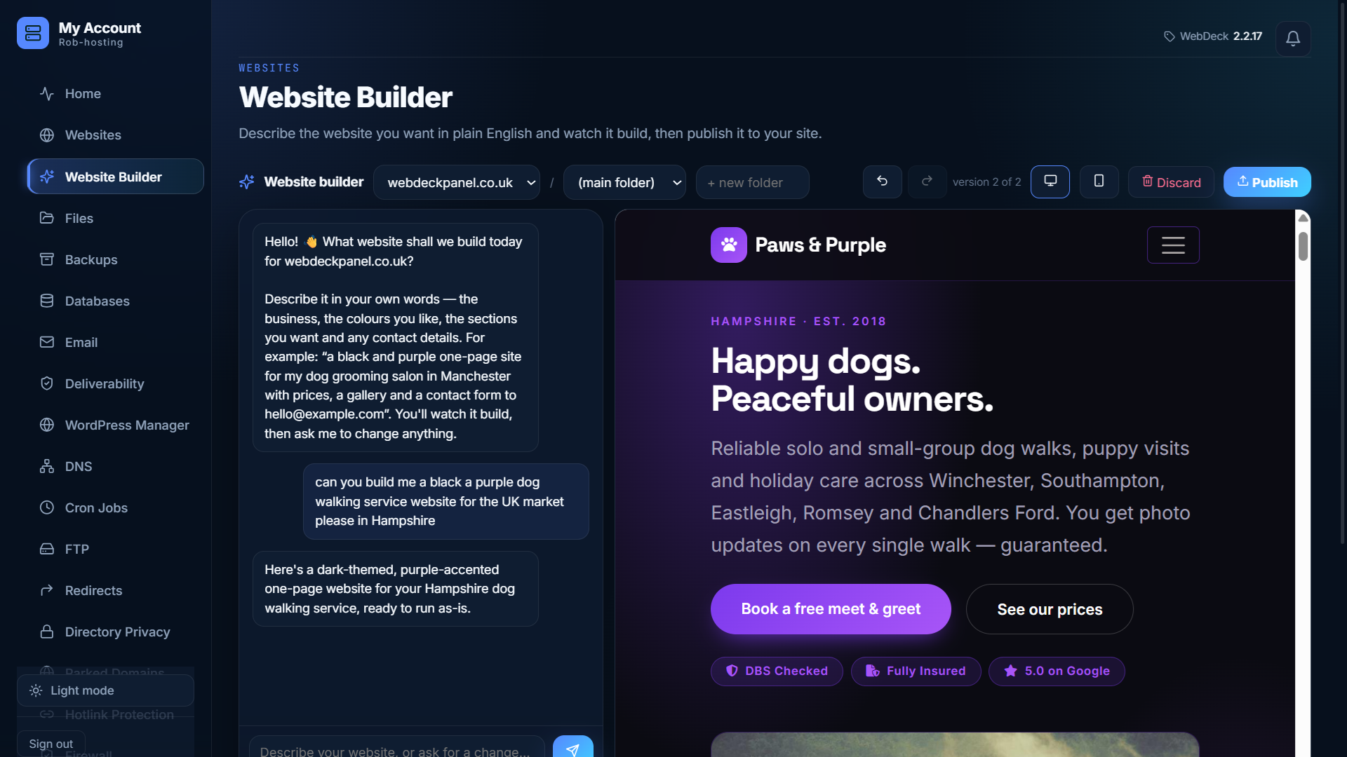 WebDeck customer panel showing AI Builder, email, databases and backups