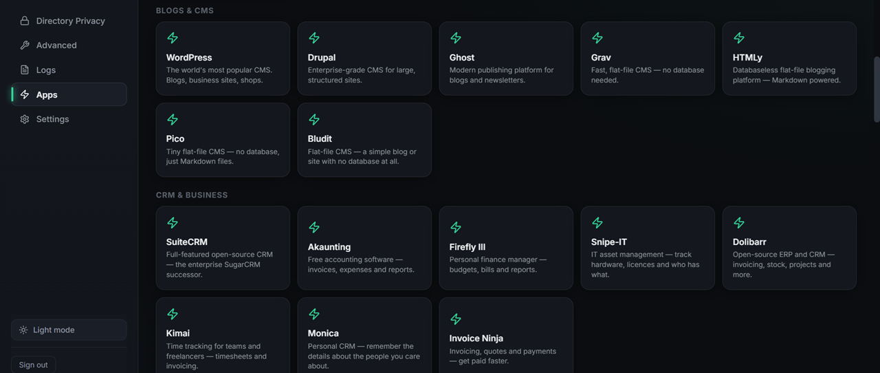 WebDeck one-click app installer showing the catalogue of 38 applications