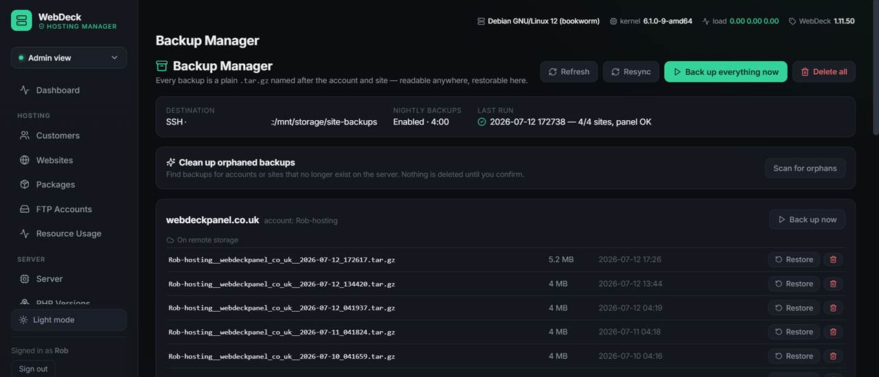 WebDeck backup manager showing schedules, destinations and restore options