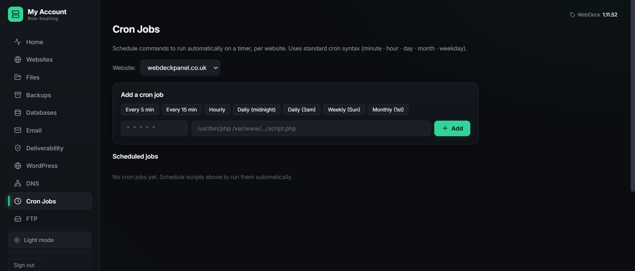 WebDeck cron job manager showing scheduled tasks