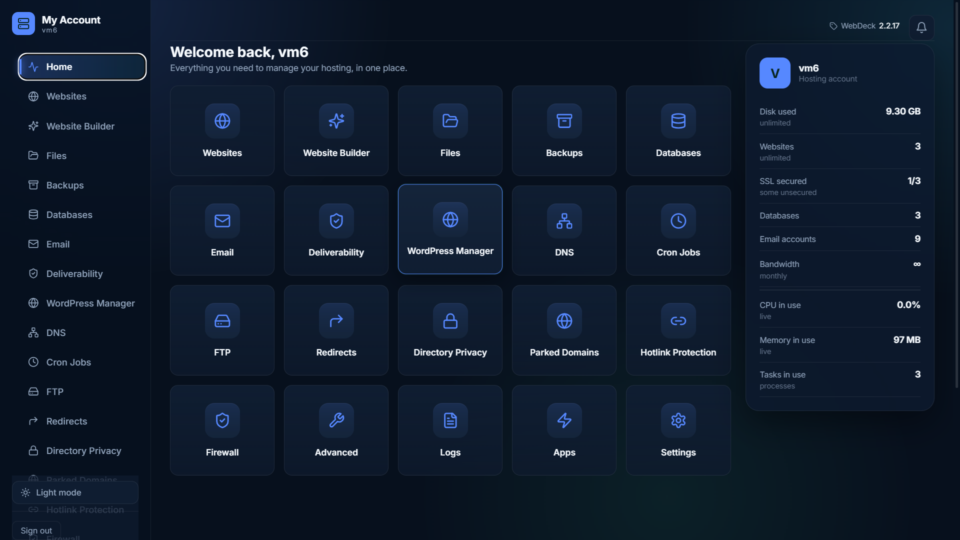 WebDeck customer panel showing websites, email, databases and backups