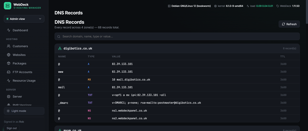 WebDeck DNS records editor showing zone records for a domain