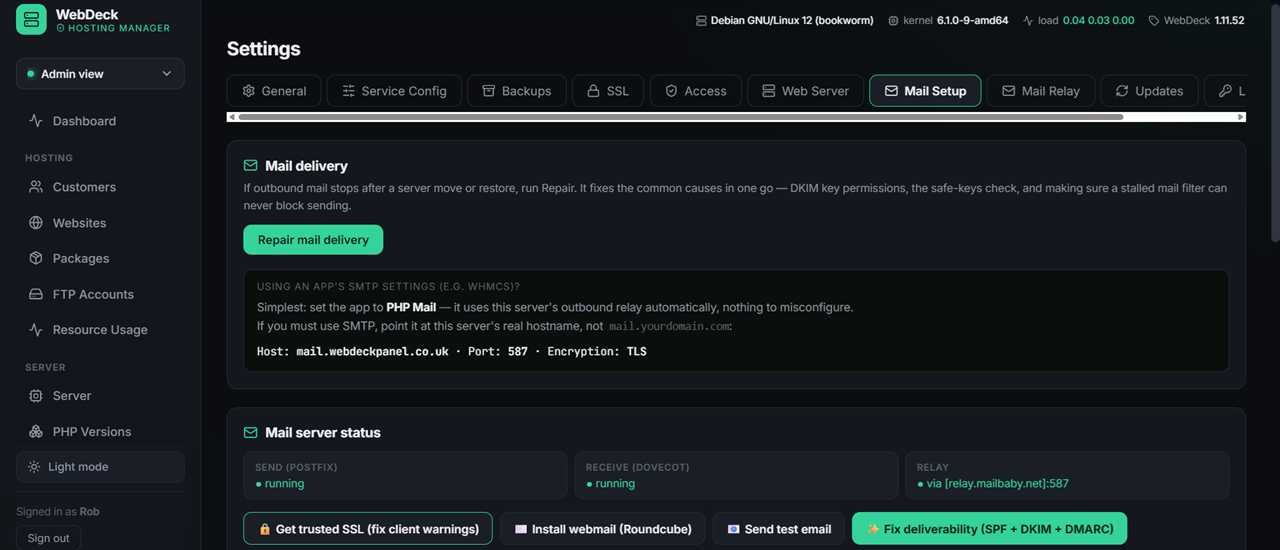 WebDeck email deliverability check showing DKIM, SPF and DMARC status