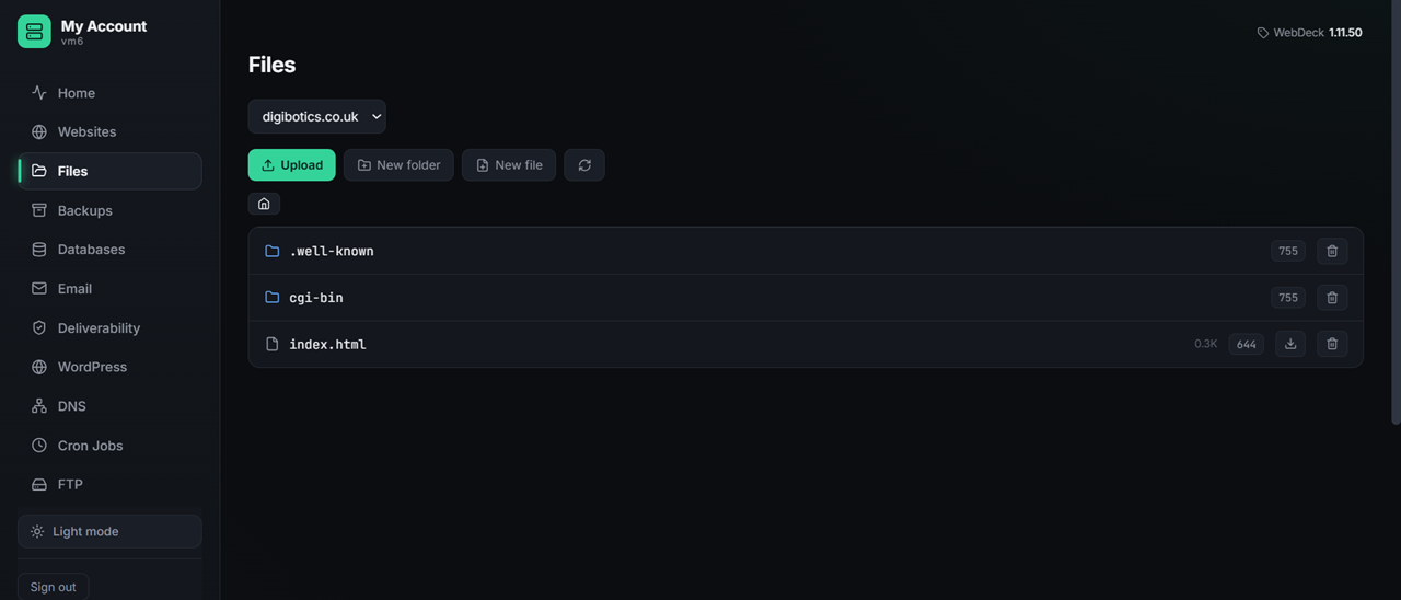 WebDeck file manager showing a website document root with files and folders