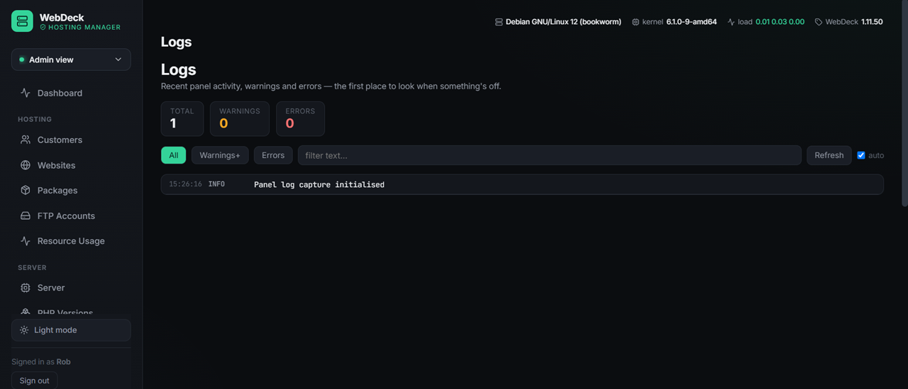 WebDeck logs viewer showing access and error logs for a website