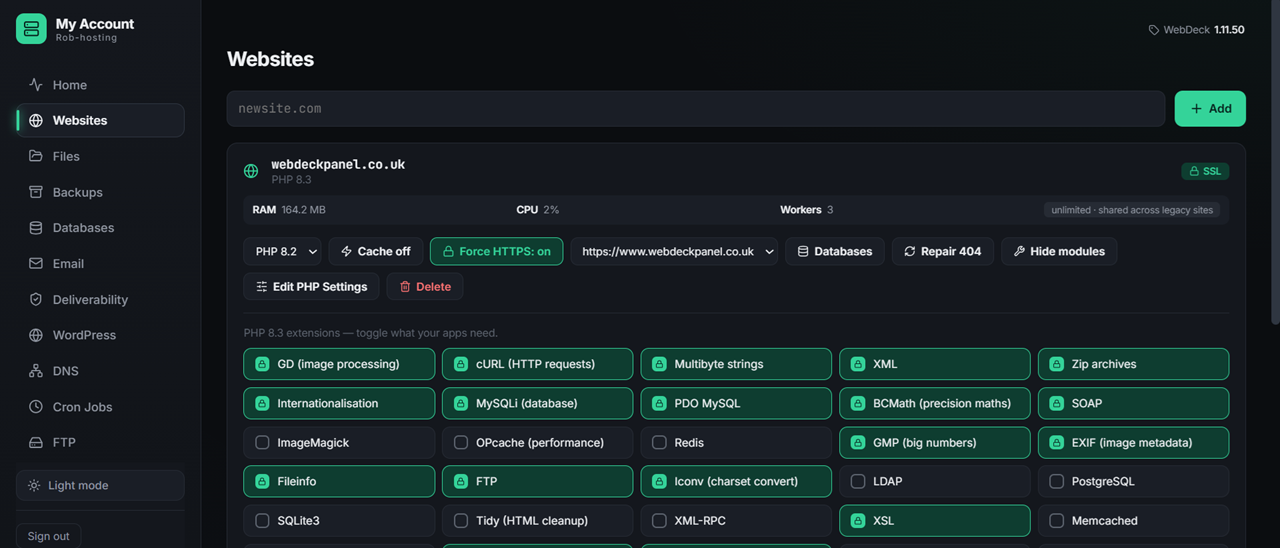 WebDeck PHP version manager showing installed versions and module toggles