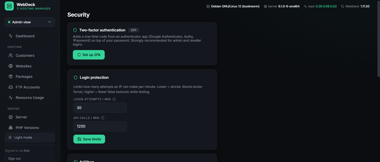 WebDeck security page showing two-factor authentication and fail2ban