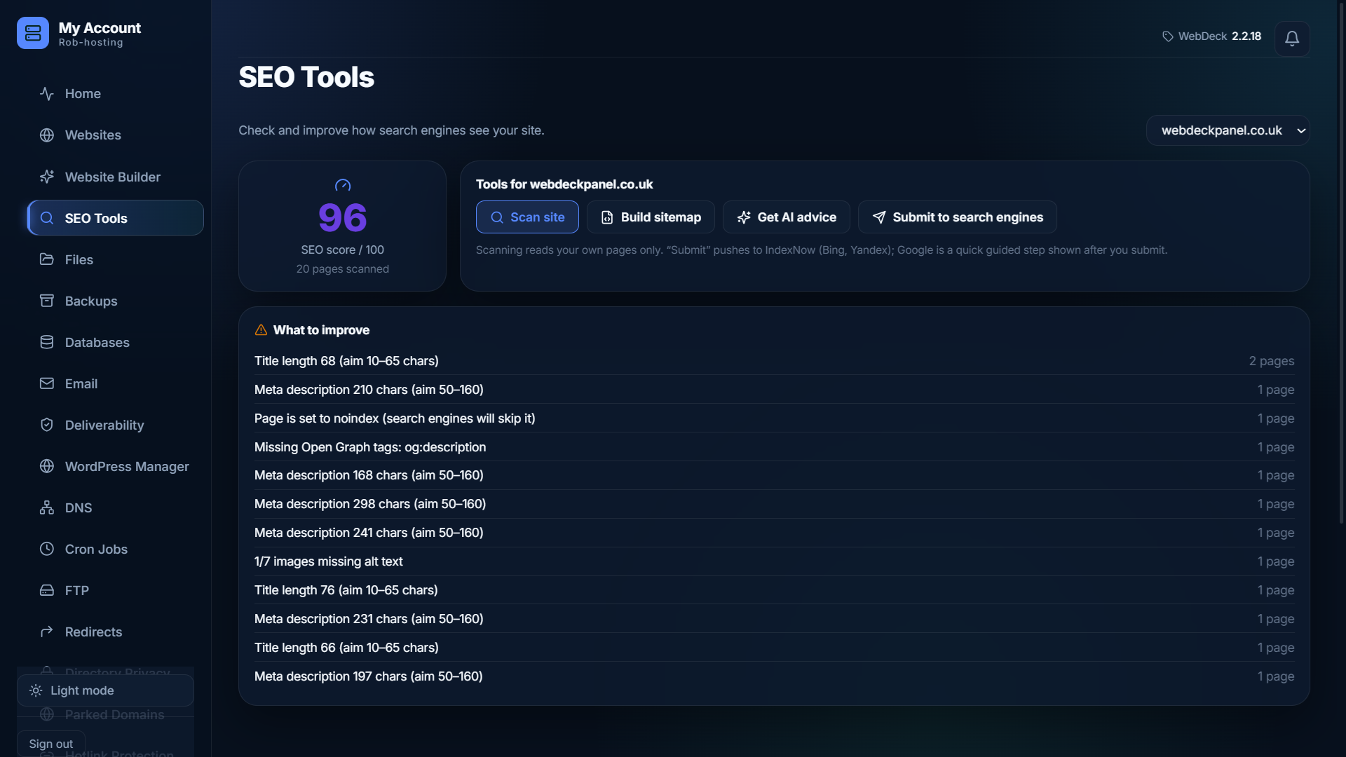 WebDeck SEO Tools page showing an SEO score of 68, a list of issues to fix and AI recommendations