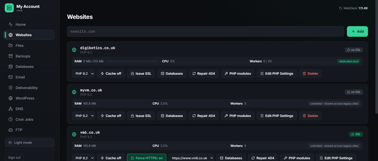 WebDeck websites list showing domains, SSL status and per-site actions