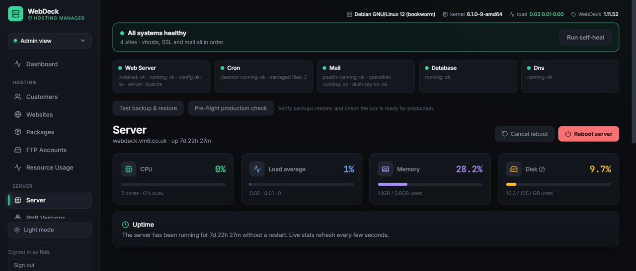 WebDeck admin dashboard showing server health, CPU, memory and disk usage