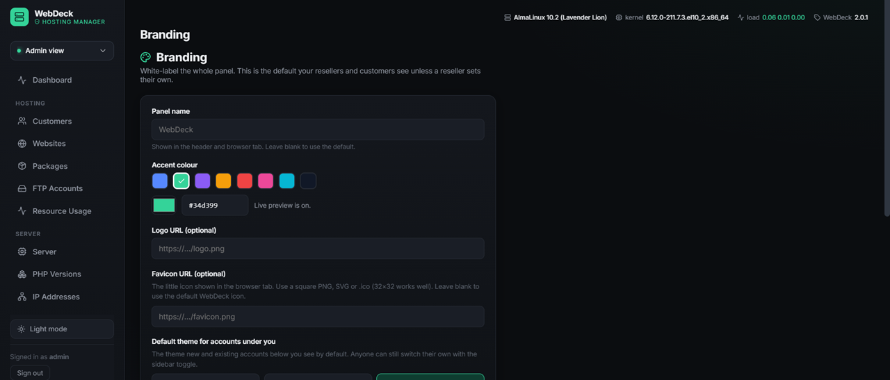WebDeck branding page — set your own name, logo and colours