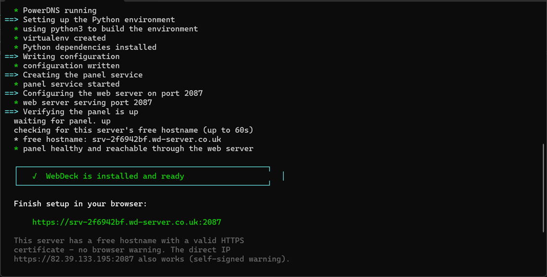 The WebDeck installer running in an SSH terminal, showing each step completing