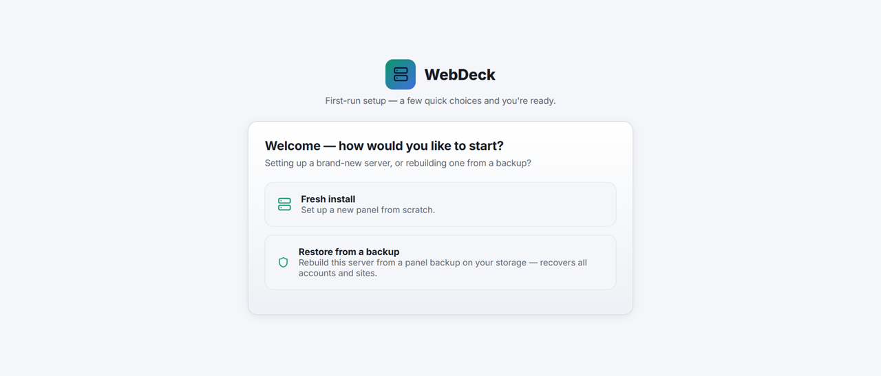 The WebDeck installer running in an SSH terminal, showing each step completing