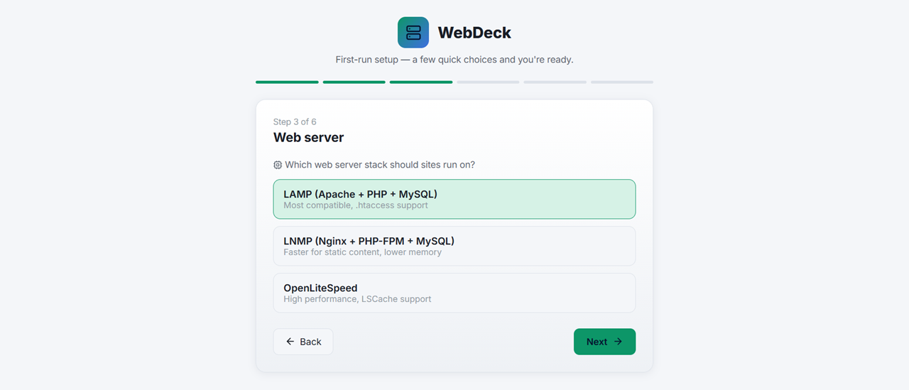 The WebDeck installer running in an SSH terminal, showing each step completing