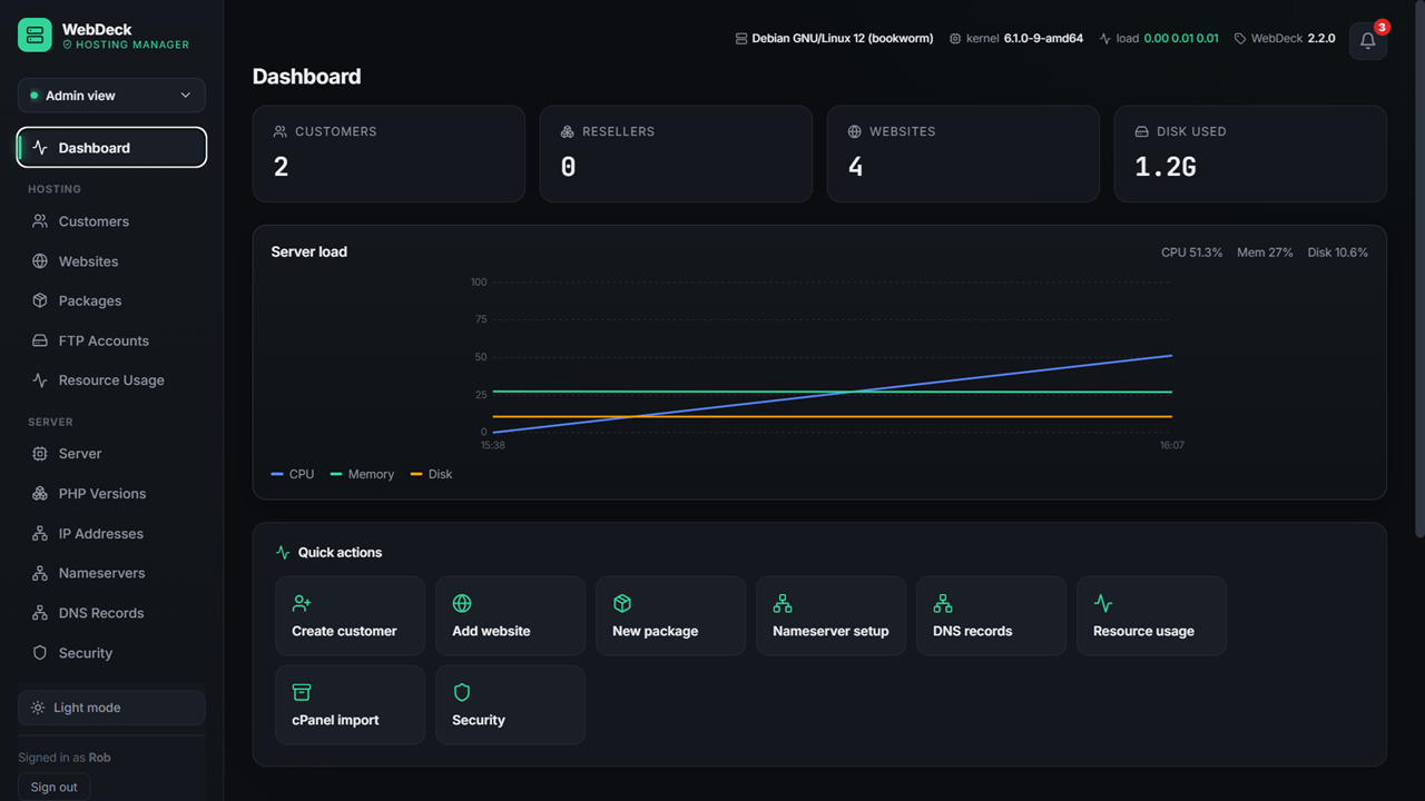 WebDeck admin dashboard showing server health, CPU, memory and disk usage
