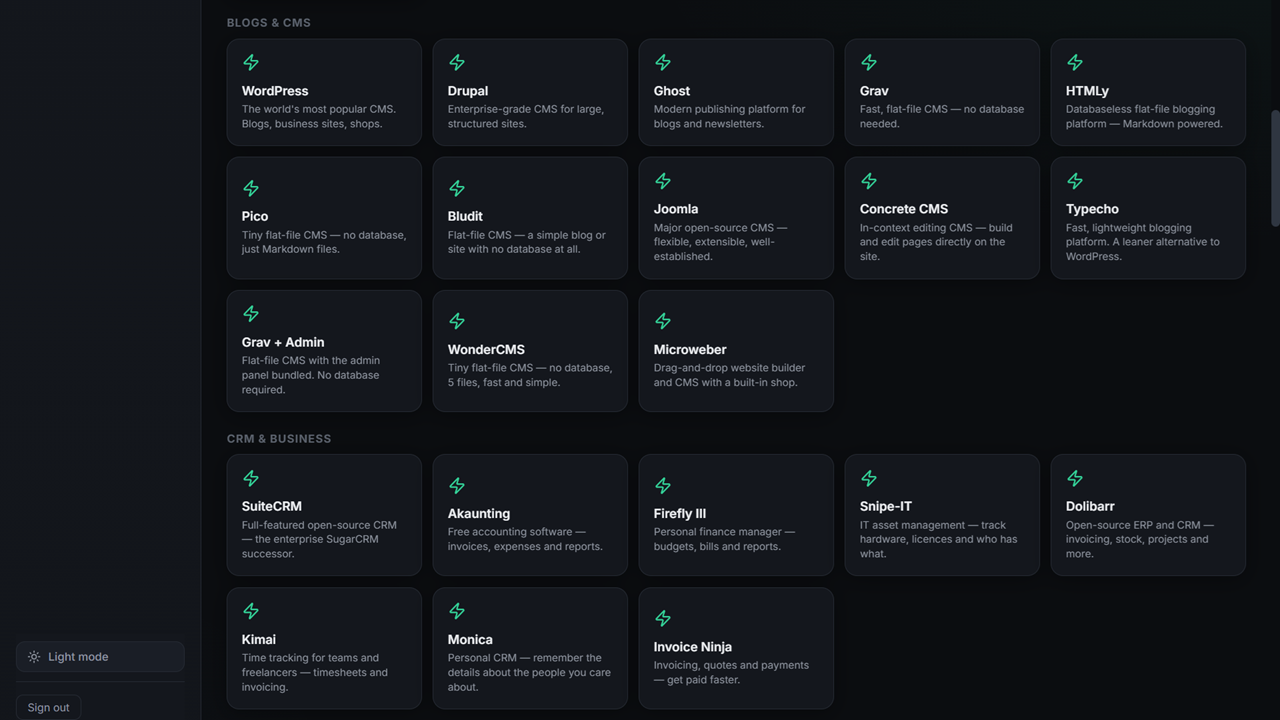 WebDeck one-click app installer showing the catalogue of 38 applications