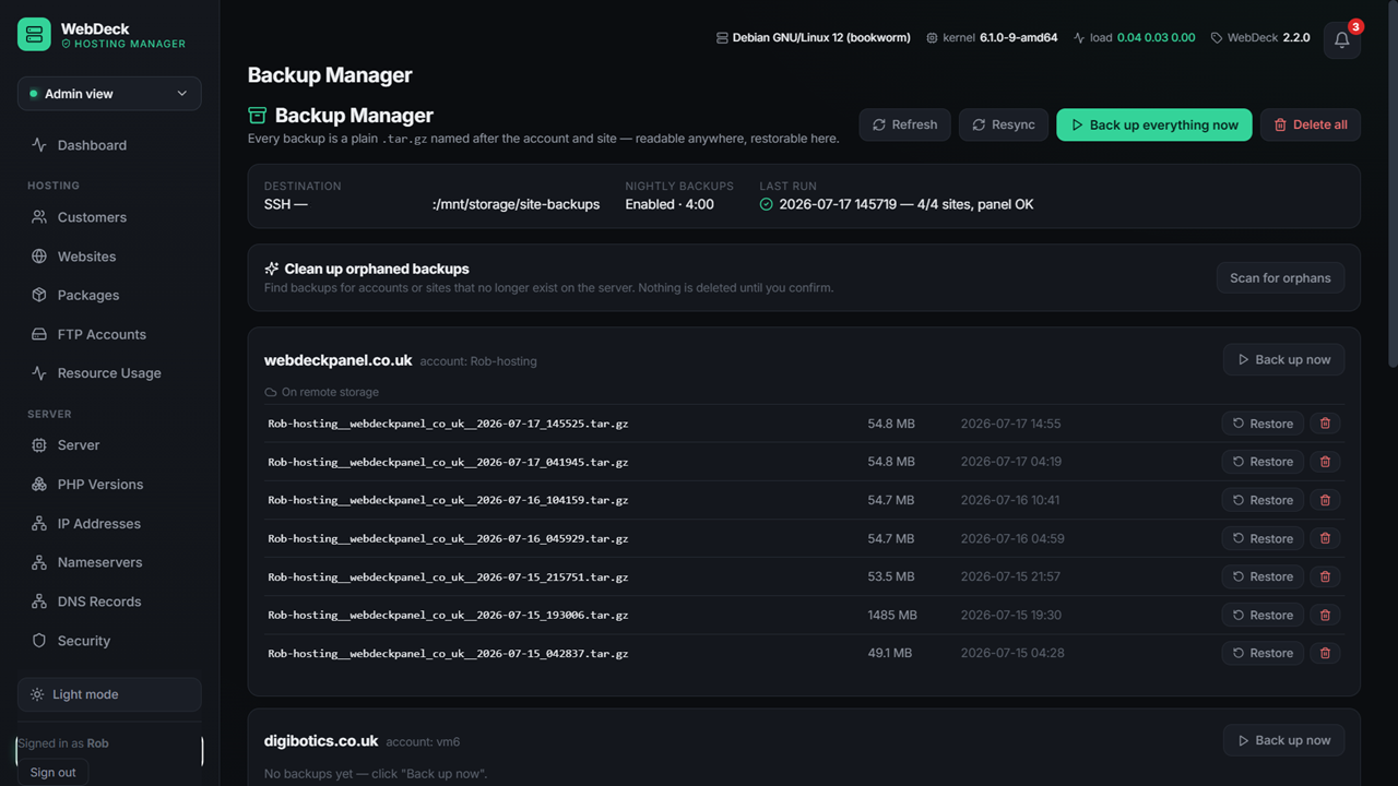 WebDeck backup manager showing schedules, destinations and restore options