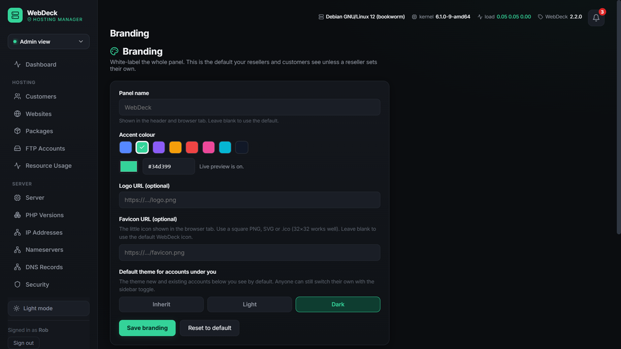 WebDeck branding page — set your own name, logo and colours