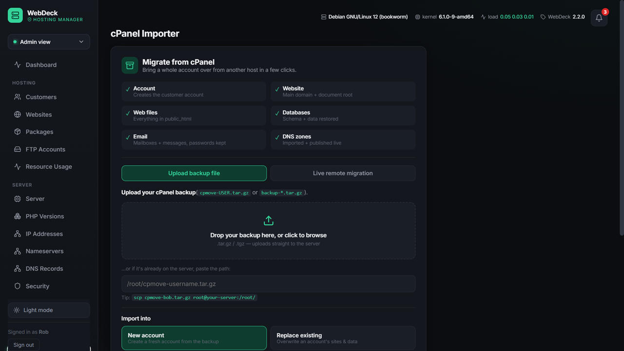 Transfer from cPanel - from Backups or use the easy cPanel importer for resellers, users and whole servers!