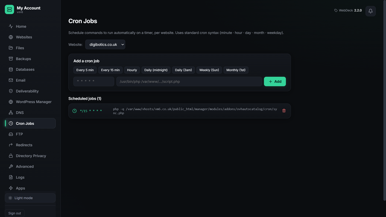 WebDeck cron job manager showing scheduled tasks