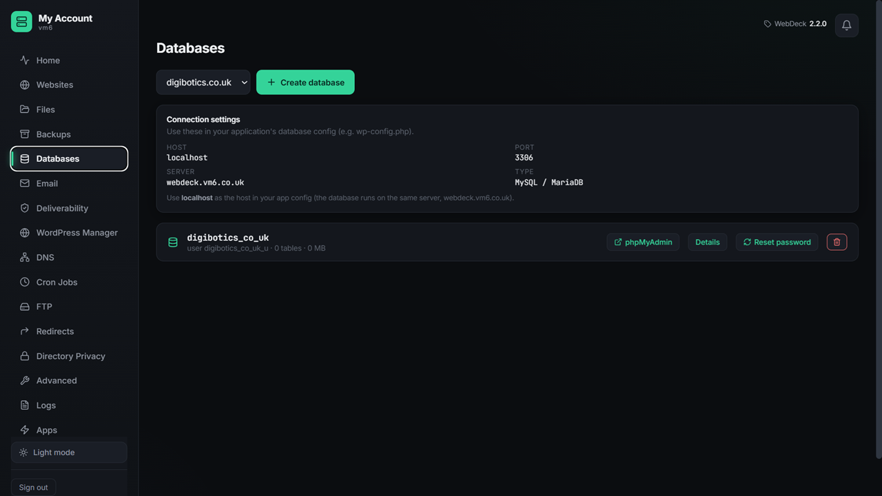 WebDeck database manager showing databases and users
