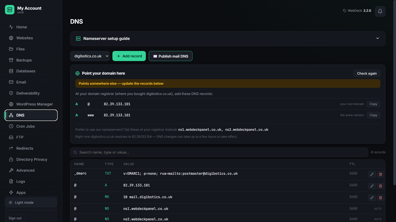 WebDeck DNS records editor showing zone records for a domain