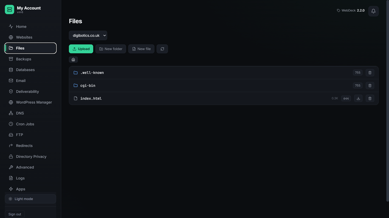 WebDeck file manager showing a website document root with files and folders