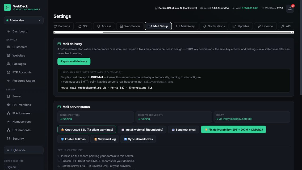 WebDeck email deliverability check showing DKIM, SPF and DMARC status