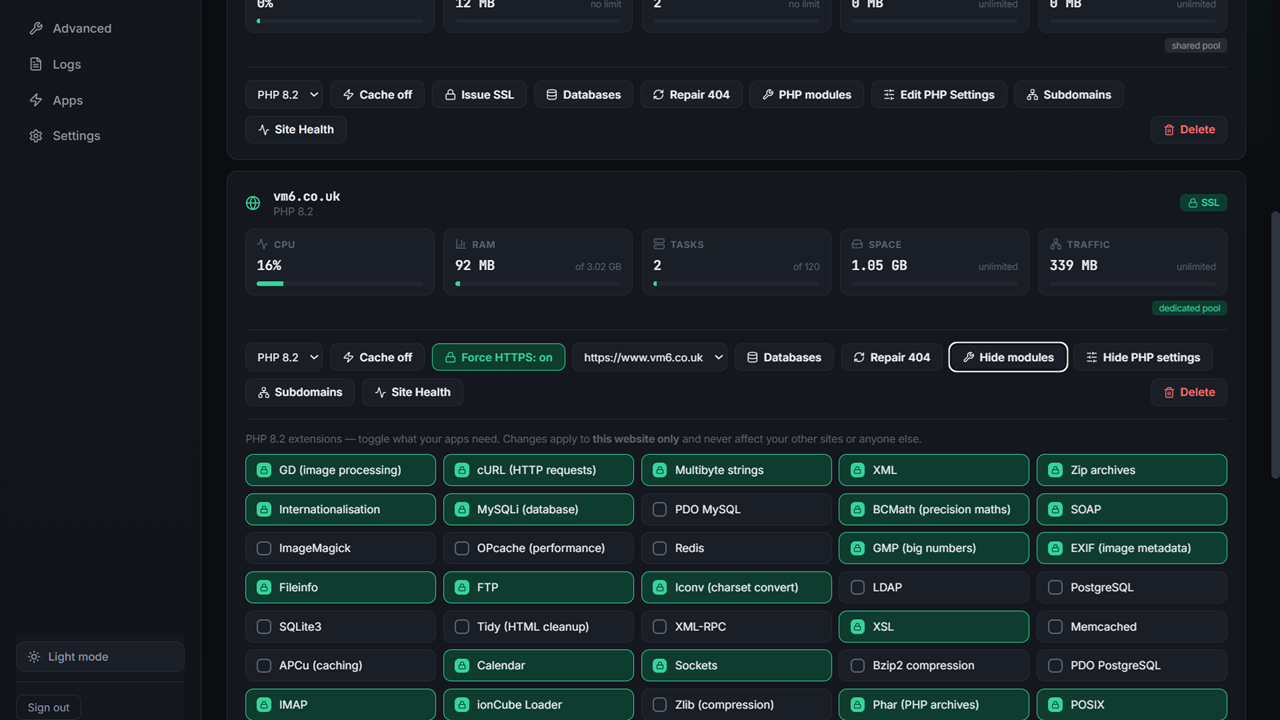 WebDeck per-site PHP environment showing per-website modules, version and settings