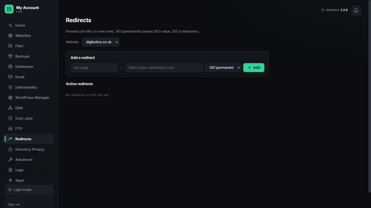 URL redirect manager in WebDeck UK web hosting