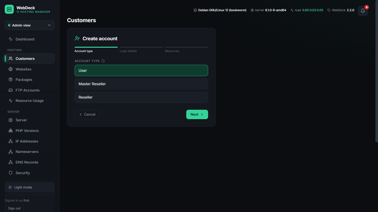 WebDeck customer panel showing websites, email, databases and backups