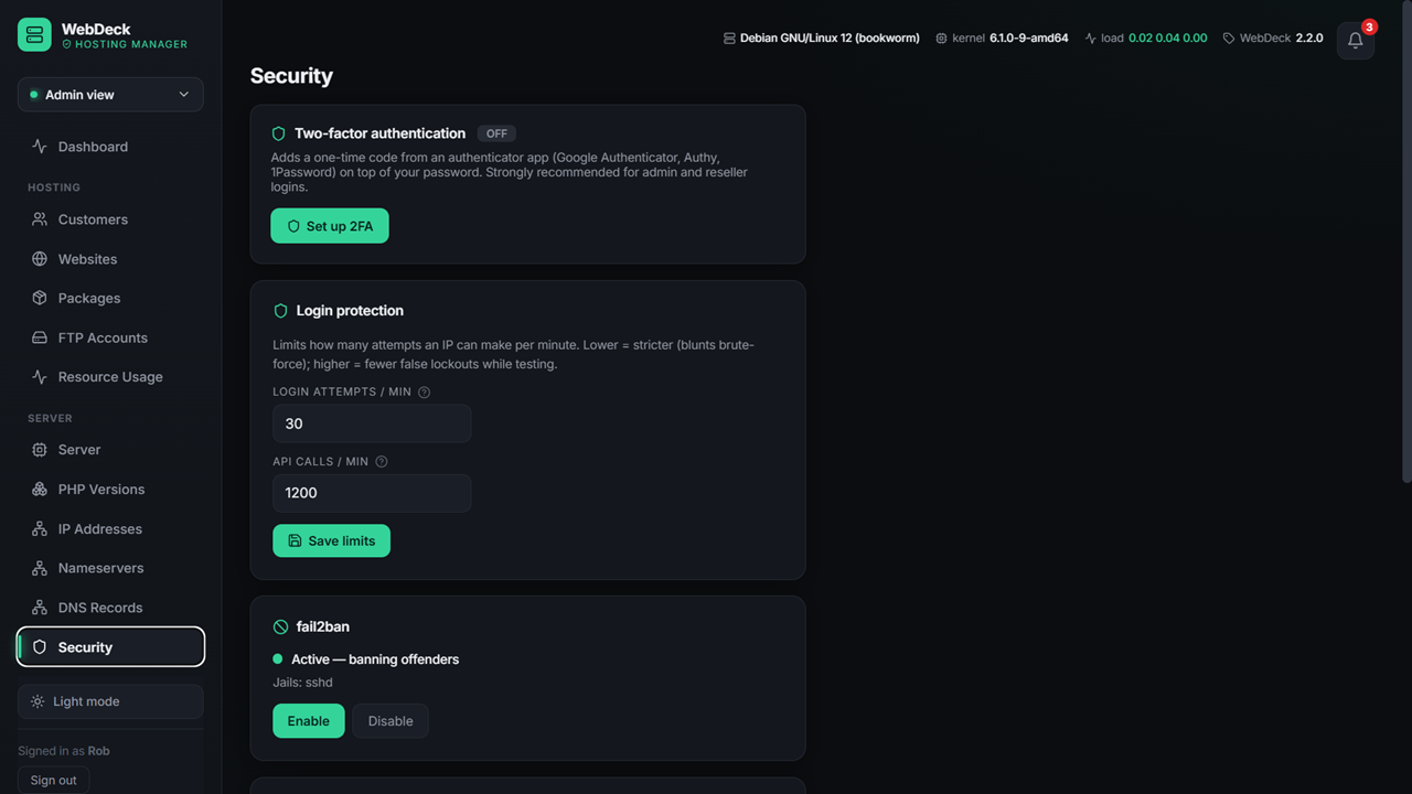 WebDeck security page showing two-factor authentication and fail2ban