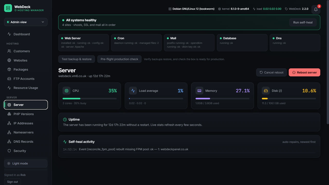 WebDeck server health dashboard showing uptime and self-healing status