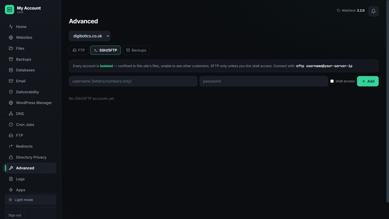 Jailed SSH and SFTP access in WebDeck web hosting