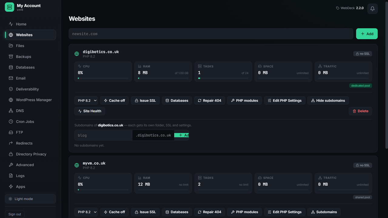Subdomains and Site Health in WebDeck web hosting