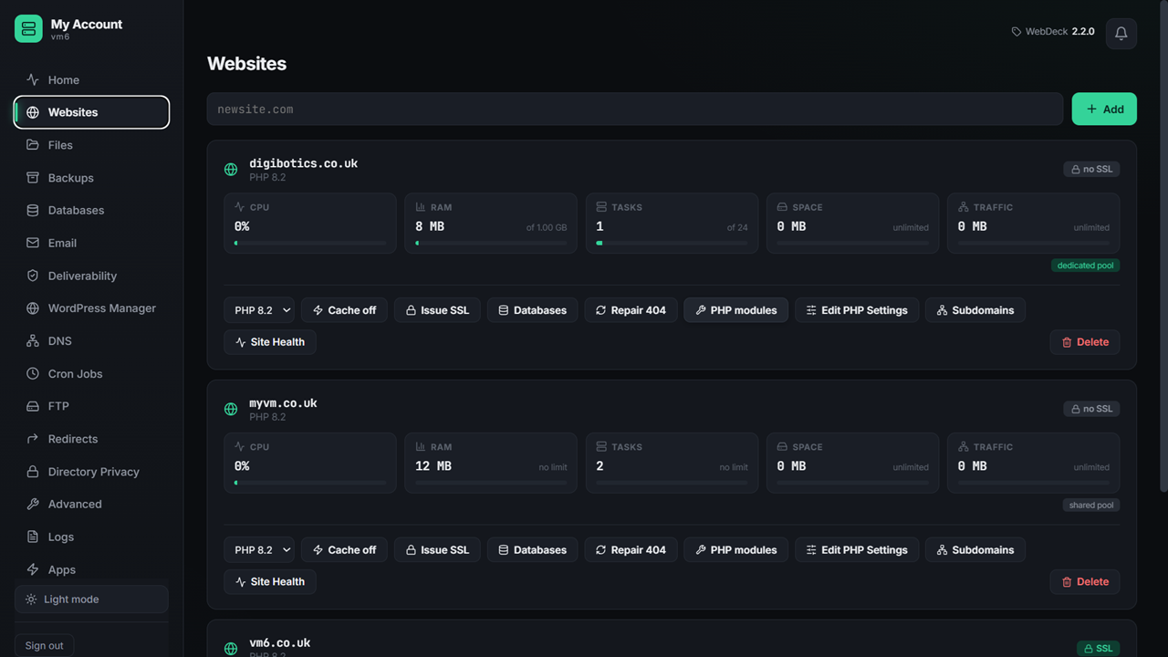 WebDeck websites list showing domains, SSL status and per-site actions