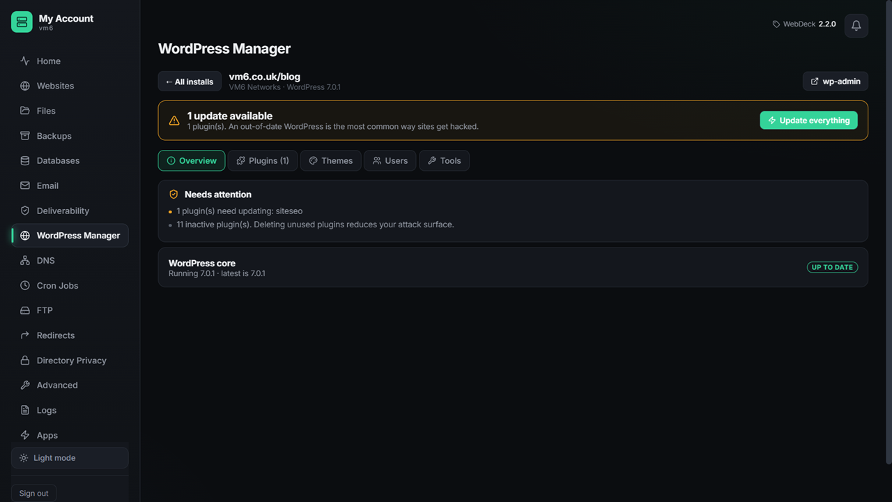 WebDeck WordPress manager showing detected installs and version status